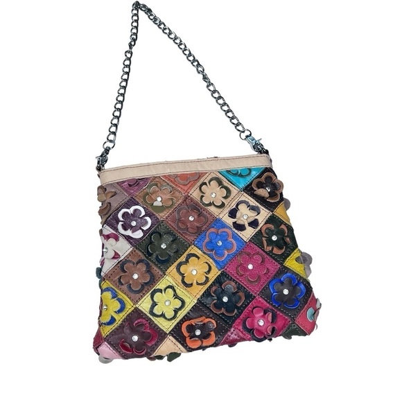 Multi-colored 3D Floral Leather Rhinestone Shoulder Bag Clutch Bag - Picture 2 of 16